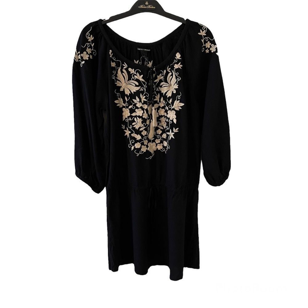 Lucky Brand Embroidered Tunic Dress Black White S